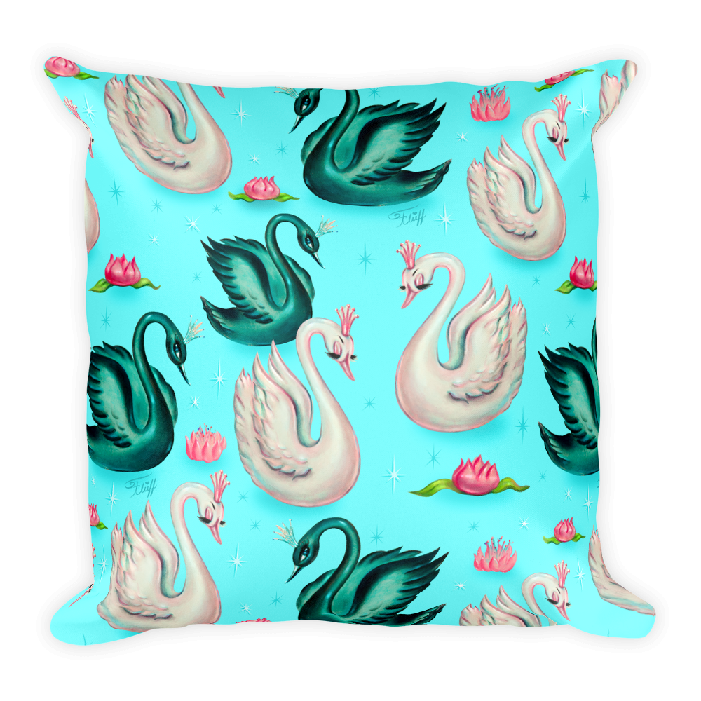 Swans with Tiaras on Aqua • Square Pillow