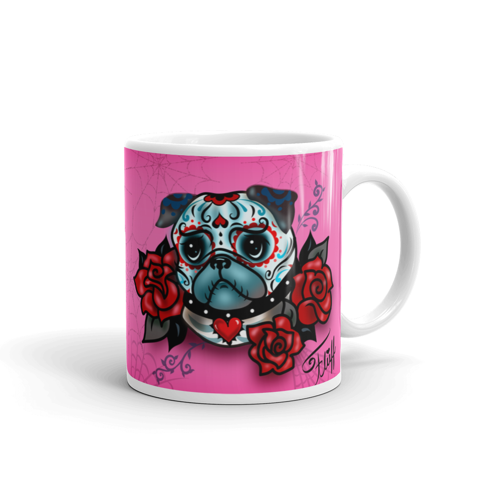 Sugar Skull Pug With Roses on Hot Pink • Mug