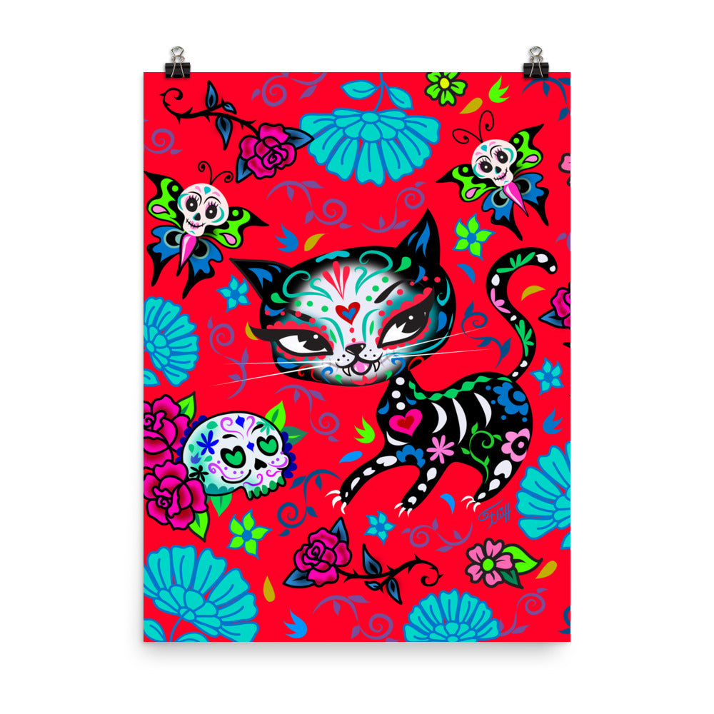 Sugar Skull Kitty on Red • Art Print