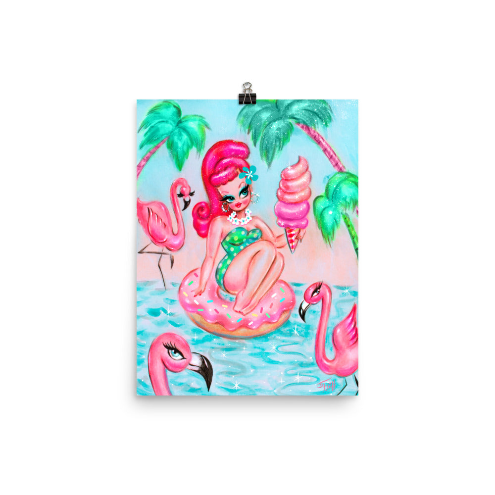 Pinup Doll on Donut Floatie with Flamingos • Art Print