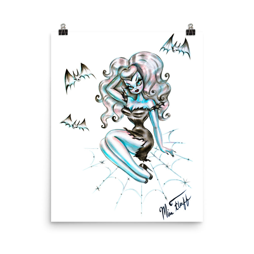 Vampire Doll on Spider Web on White • Art Print