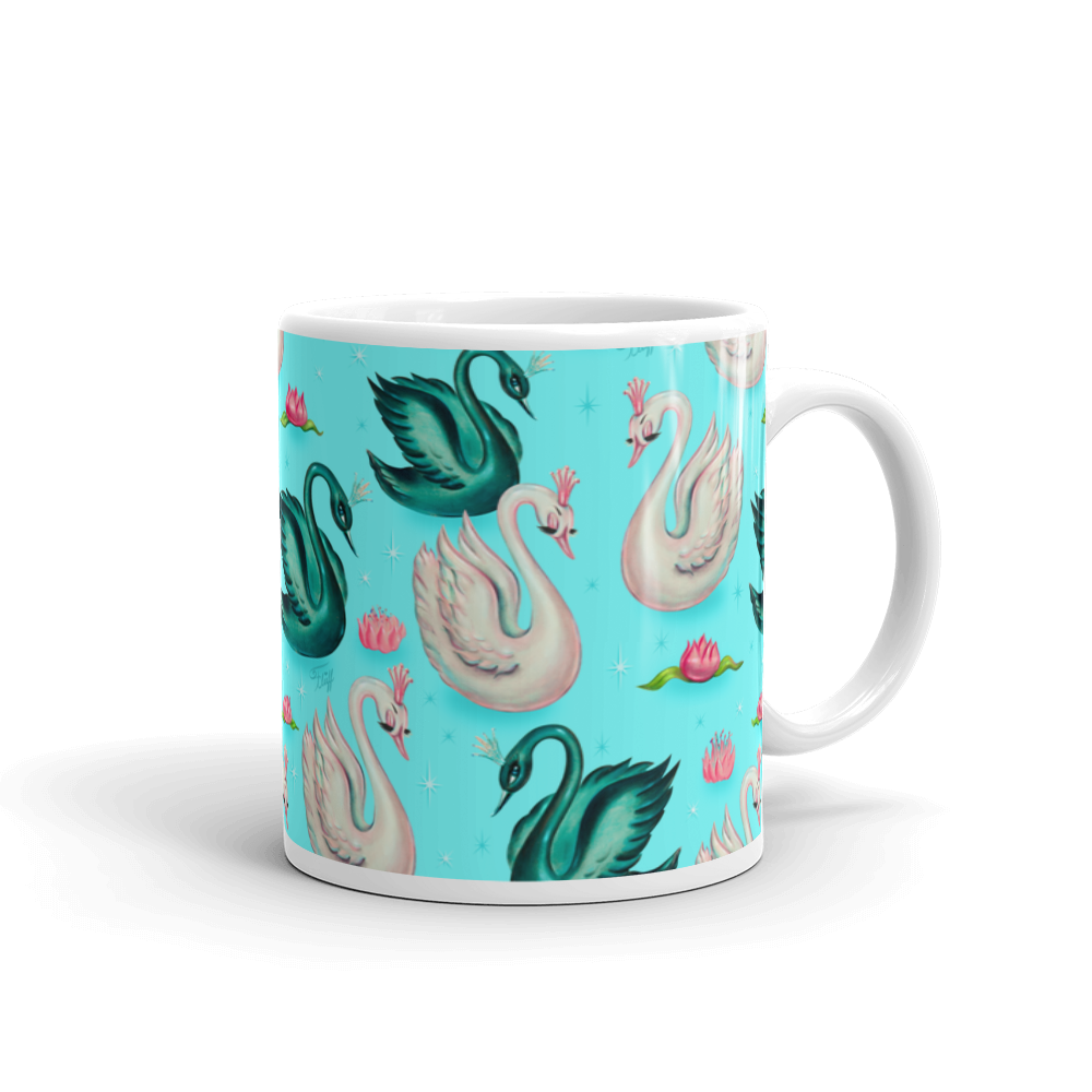 Swans with Tiaras on Aqua • Mug