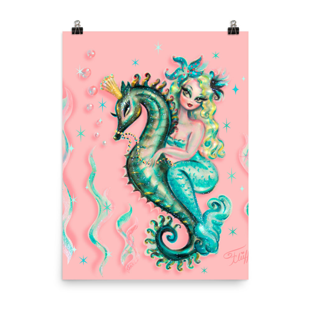 Blue Mermaid Riding a Seahorse Prince • Art Print
