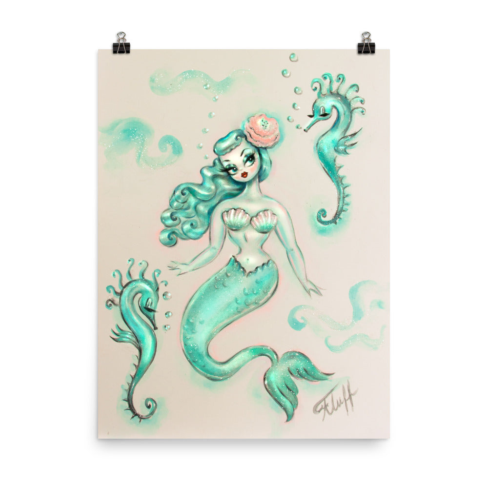 Mint Mermaid with Seahorses • Art Print