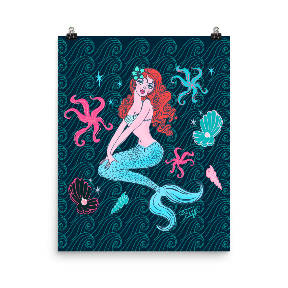 Pink Pearl Beach Mermaid Dark Blue • Art Print
