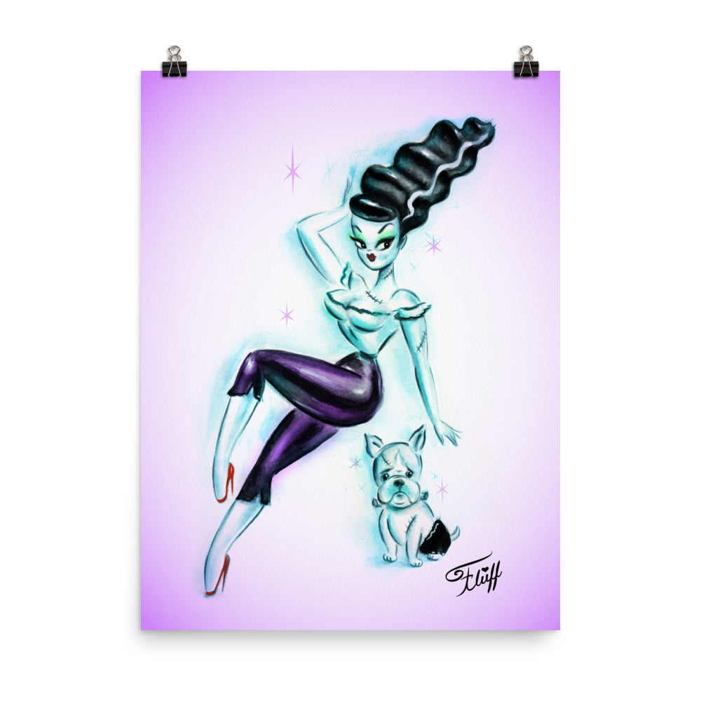 Bride of Frankenstein with Igor Bulldog - Purple Tint• Art Print