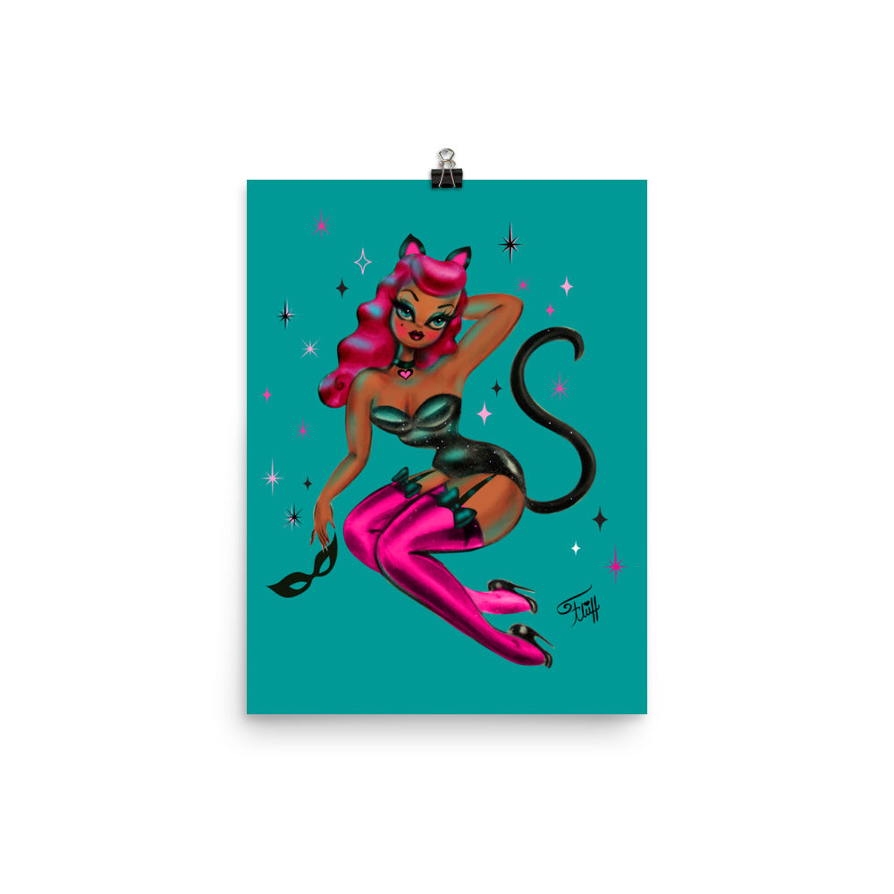 Kitten Pinup with Pink Hair • Art Print