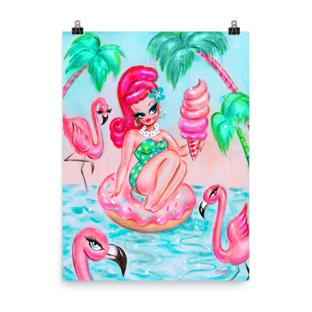 Pinup Doll on Donut Floatie with Flamingos • Art Print