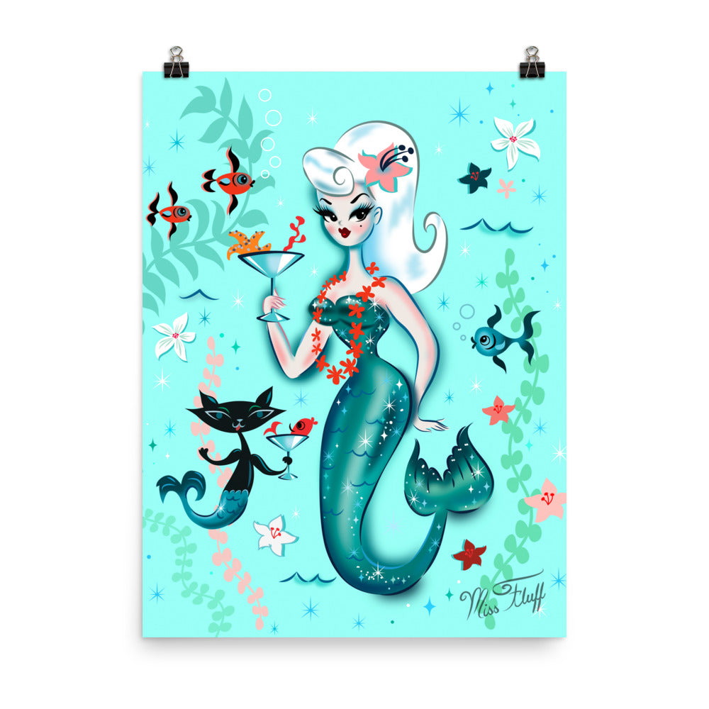 Blonde Martini Mermaid with Merkitty • Art Print