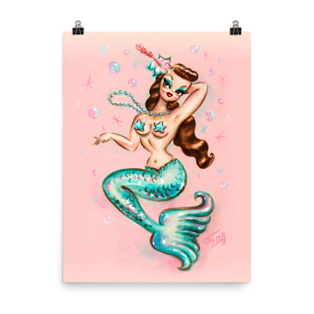 Brunette Mermaid with Pearls • Art Print