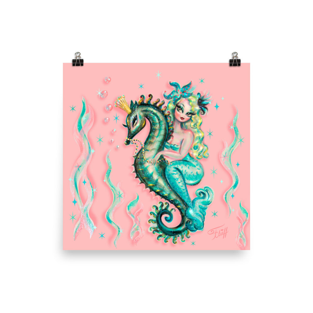 Blue Mermaid Riding a Seahorse Prince • Art Print