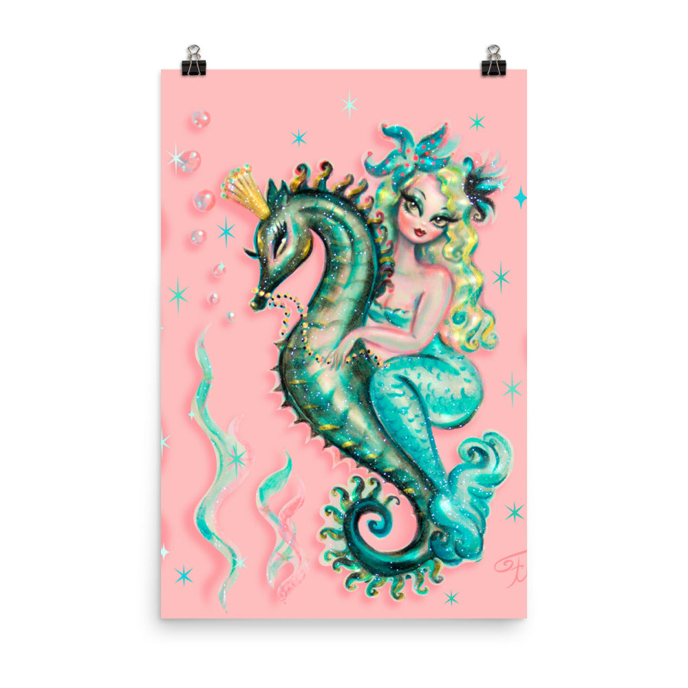 Blue Mermaid Riding a Seahorse Prince • Art Print