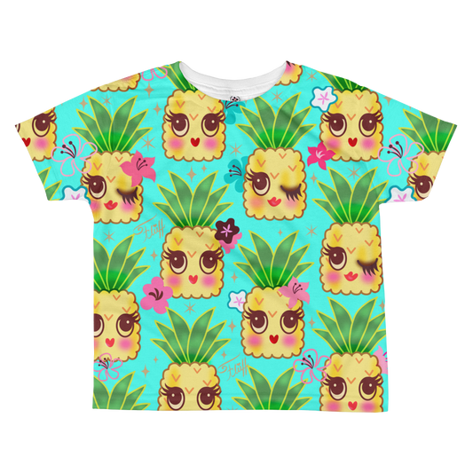 Happy Kawaii Cute Pineapples on Aqua • Toddler All-over Print T-shirt