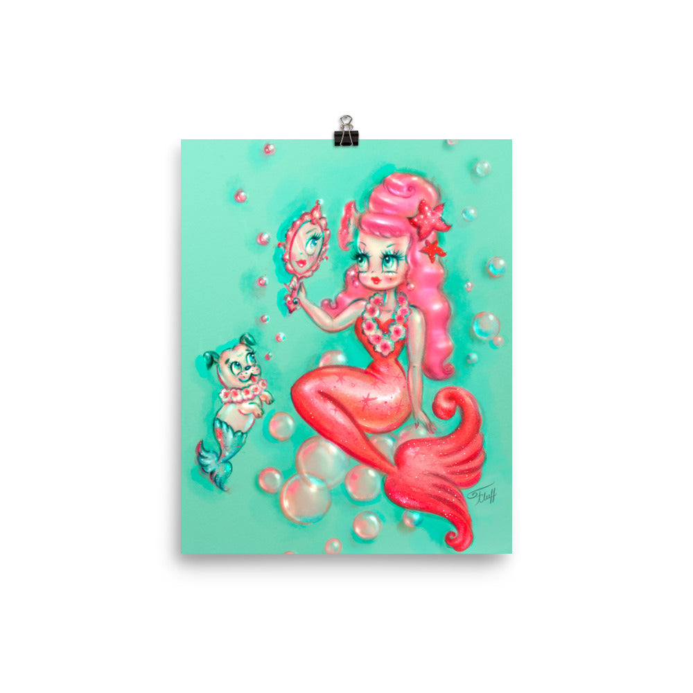 Coral Babydoll Mermaid with Mirror • Art Print