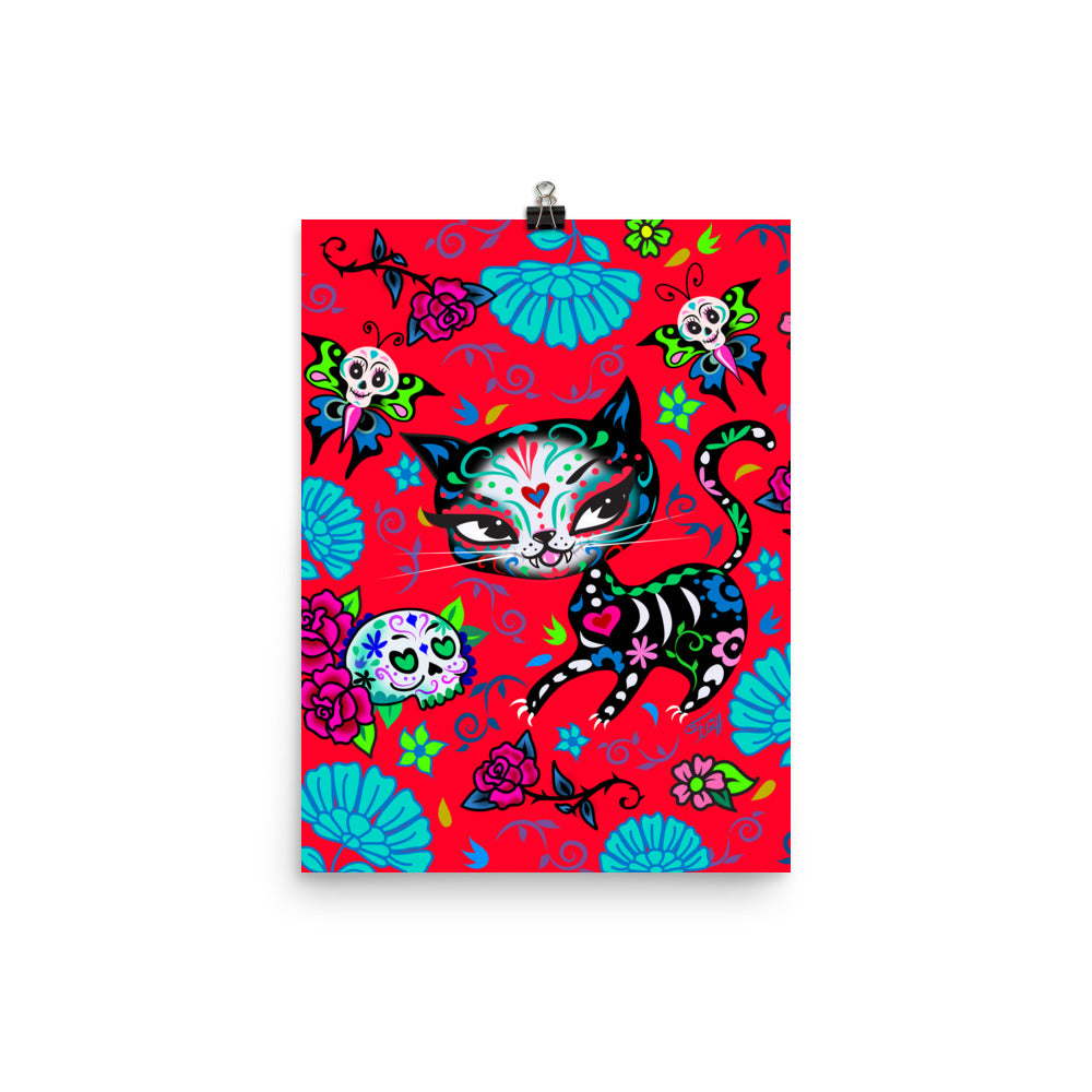 Sugar Skull Kitty on Red • Art Print