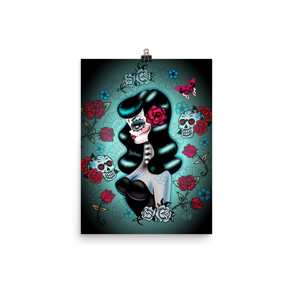 Raven Haired Day of the Dead Sugar Skull Pinup • Art Print