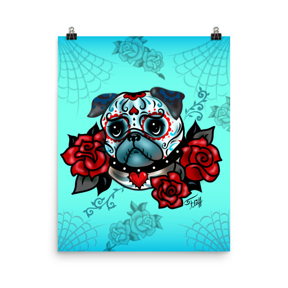 Sugar Skull Pug With Roses on Mint • Art Print