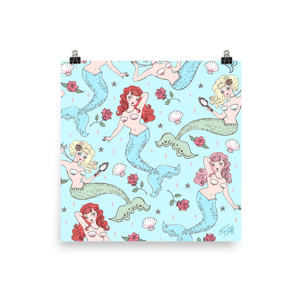 Mermaids and Roses on Aqua • Art Print