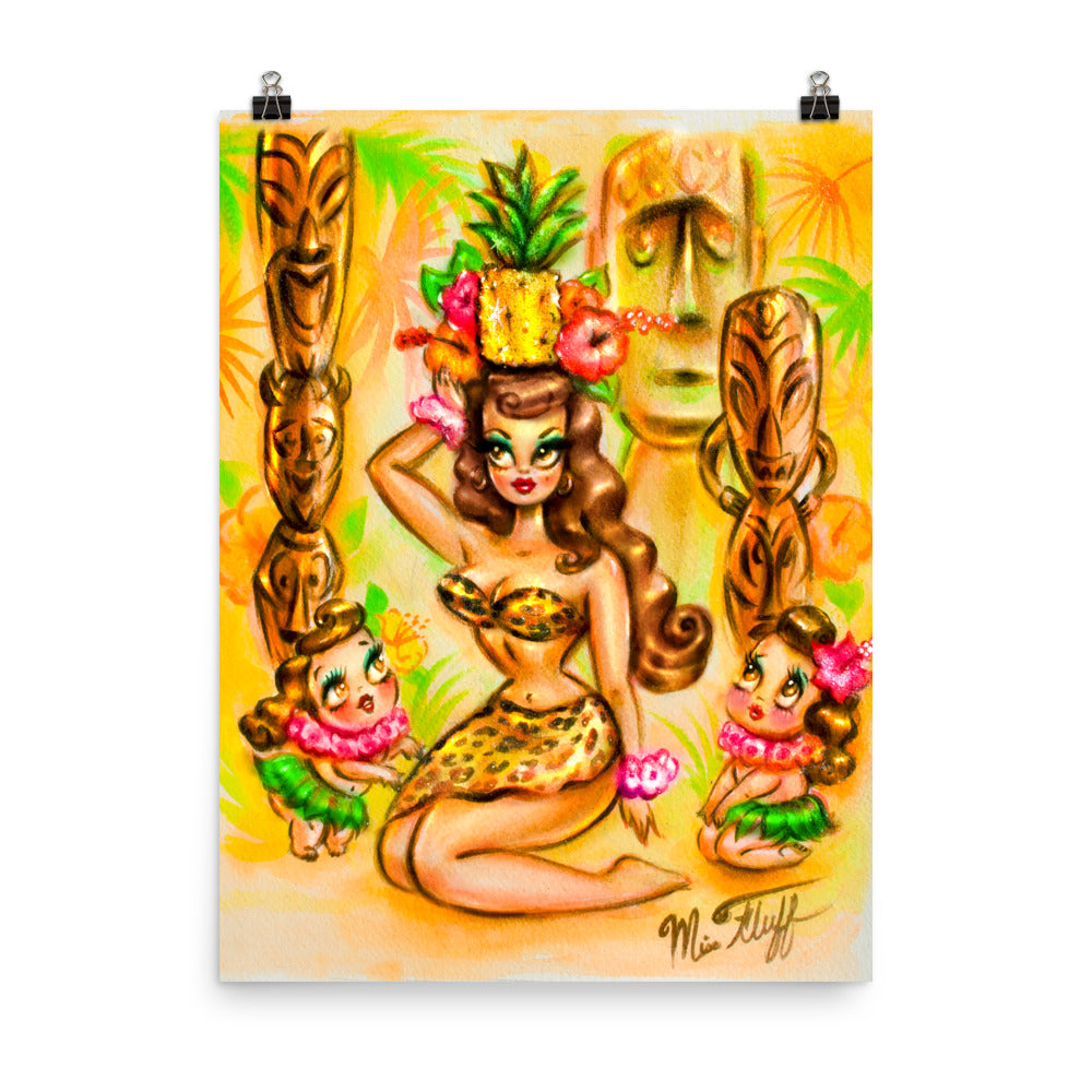 Pineapple Island Girl with Tikis • Art Print