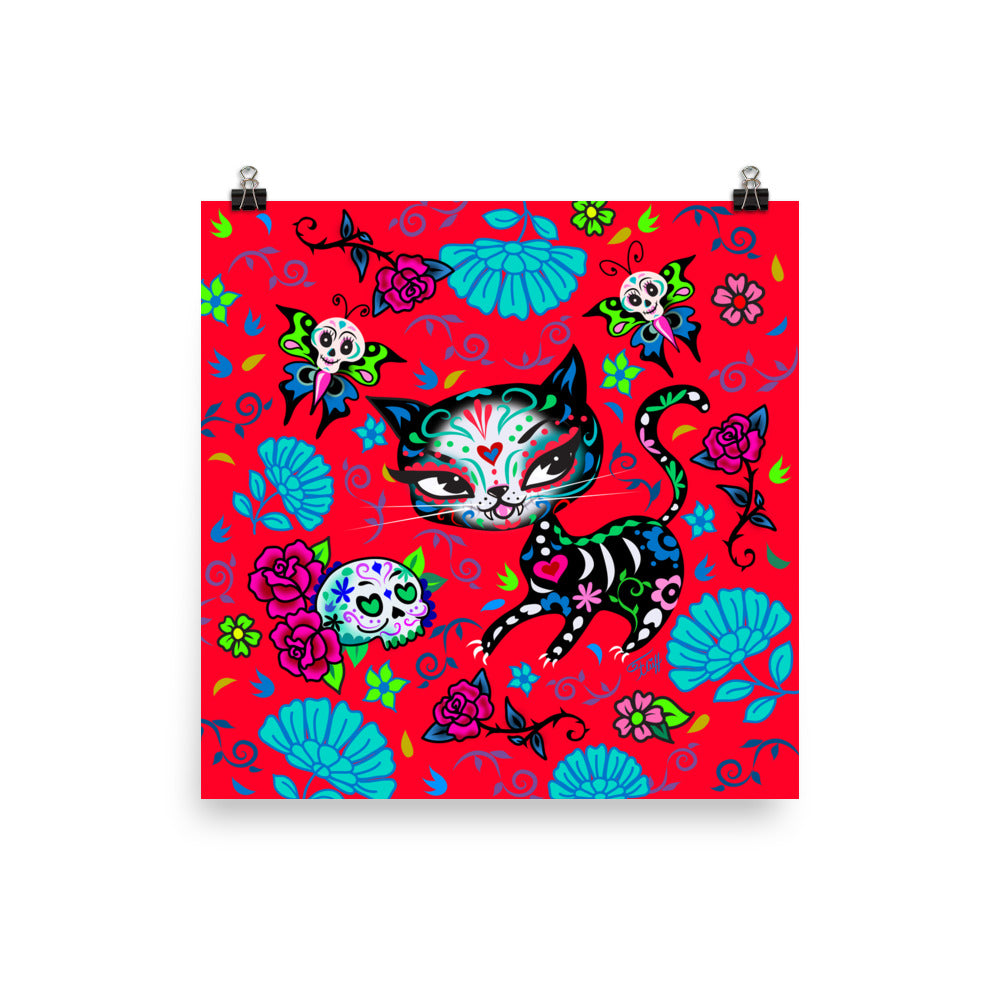 Sugar Skull Kitty on Red • Art Print