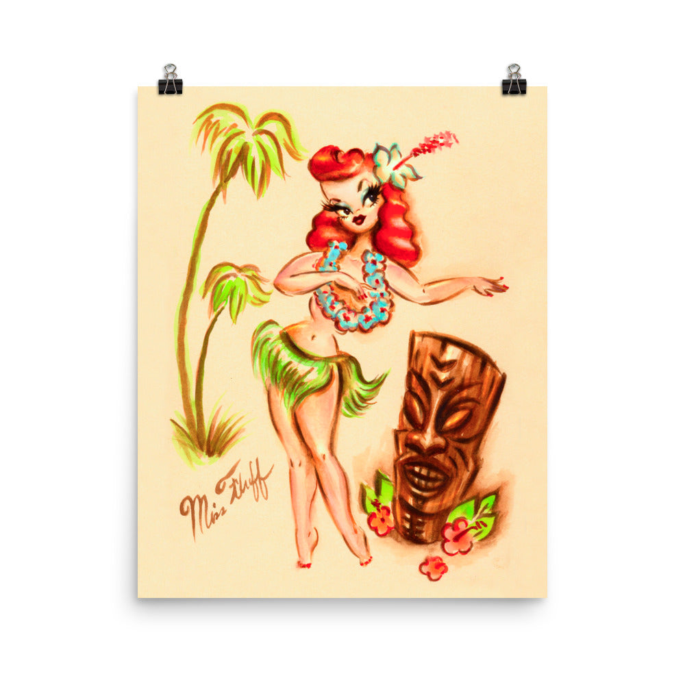 Redhead Hula Girl with Tiki • Art Print
