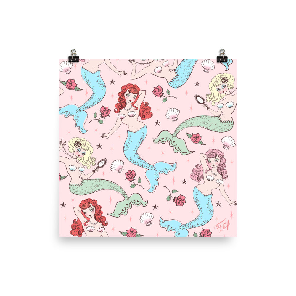 Mermaids and Roses on Pink • Art Print