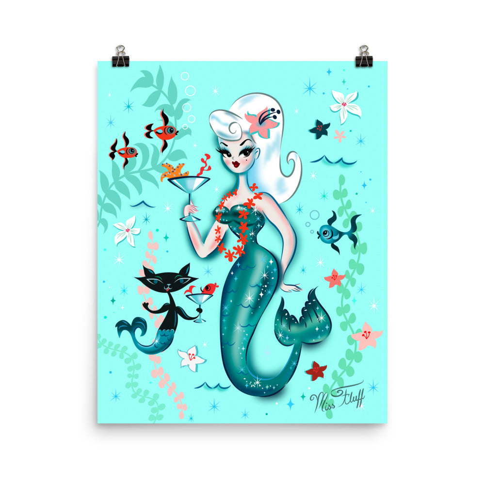Blonde Martini Mermaid with Merkitty • Art Print