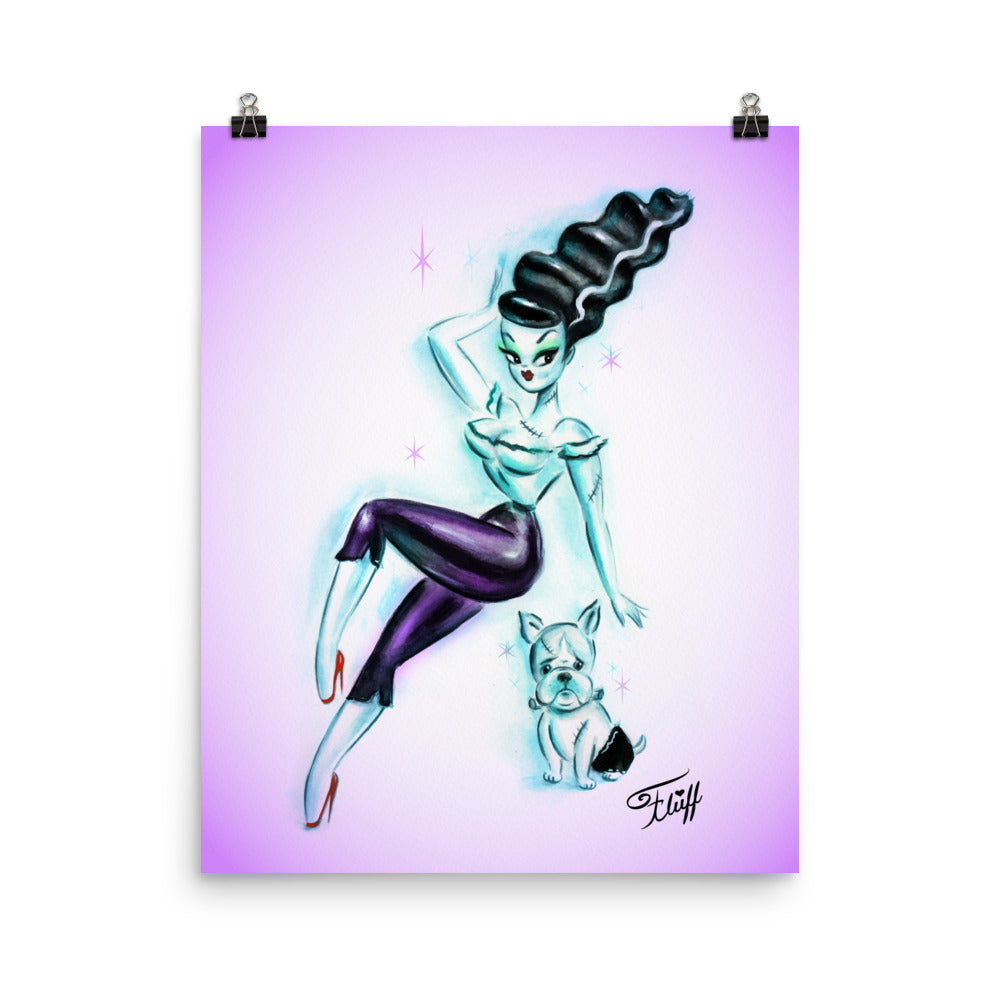 Bride of Frankenstein with Igor Bulldog - Purple Tint• Art Print