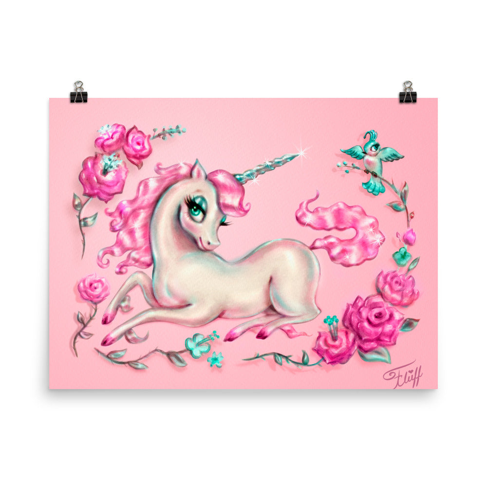 Unicorn with Roses on Pink • Art Print