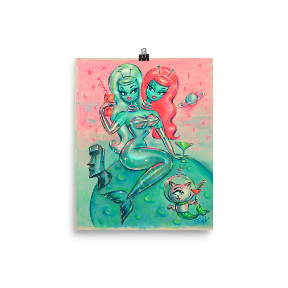 Two headed Alien Mermaid with Cyclops Kitty • Art Print