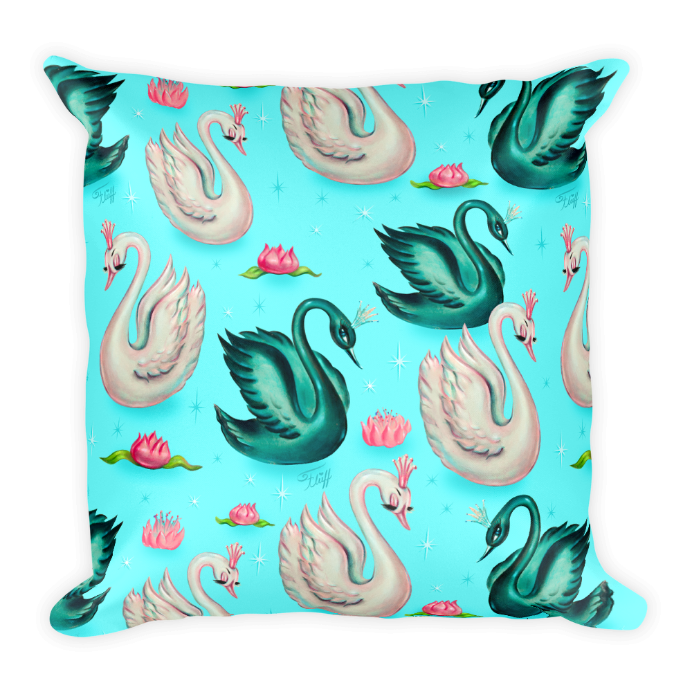 Swans with Tiaras on Aqua • Square Pillow