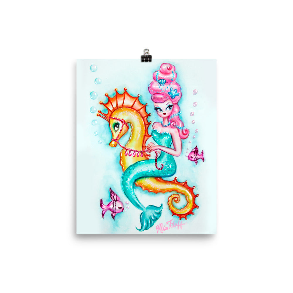 Pink Bouffant Mermaid Riding a Seahorse • Art Print
