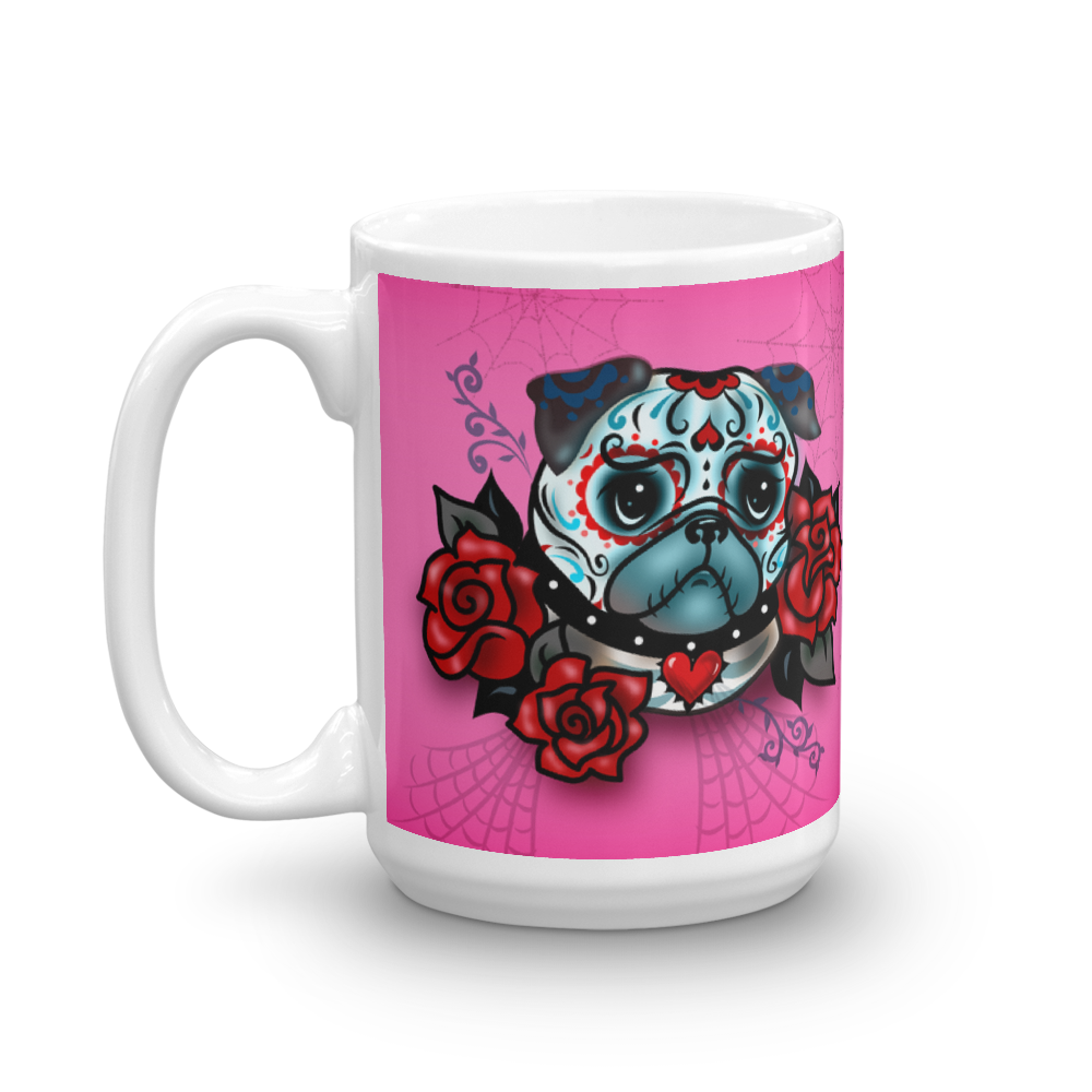 Sugar Skull Pug With Roses on Hot Pink • Mug