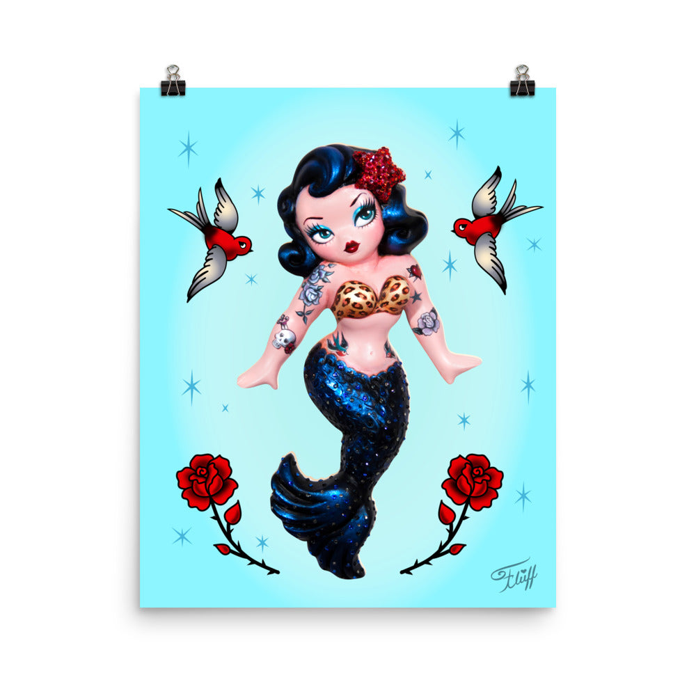 Tattoo Rockabilly Mermaid Dolly on Blue • Art Print