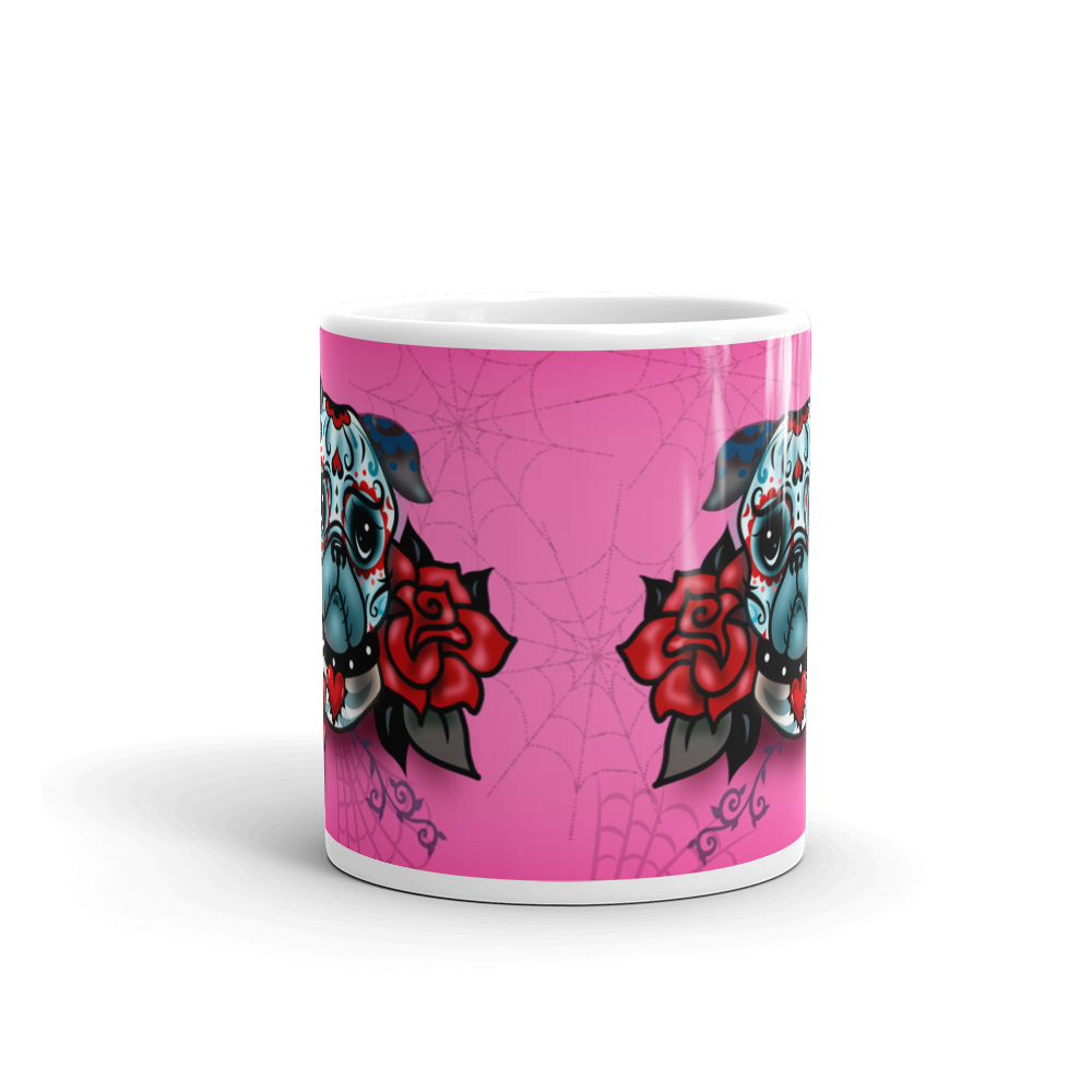 Sugar Skull Pug With Roses on Hot Pink • Mug