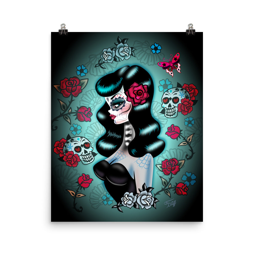 Raven Haired Day of the Dead Sugar Skull Pinup • Art Print