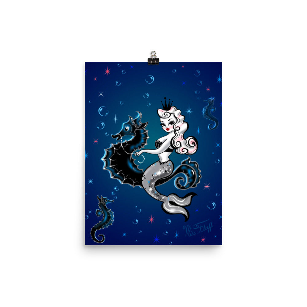 Pearla Riding a Seahorse on Deep Blue • Art Print