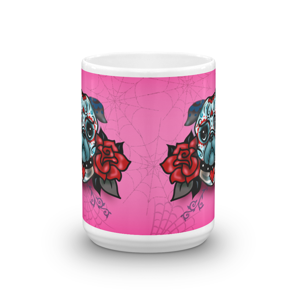 Sugar Skull Pug With Roses on Hot Pink • Mug