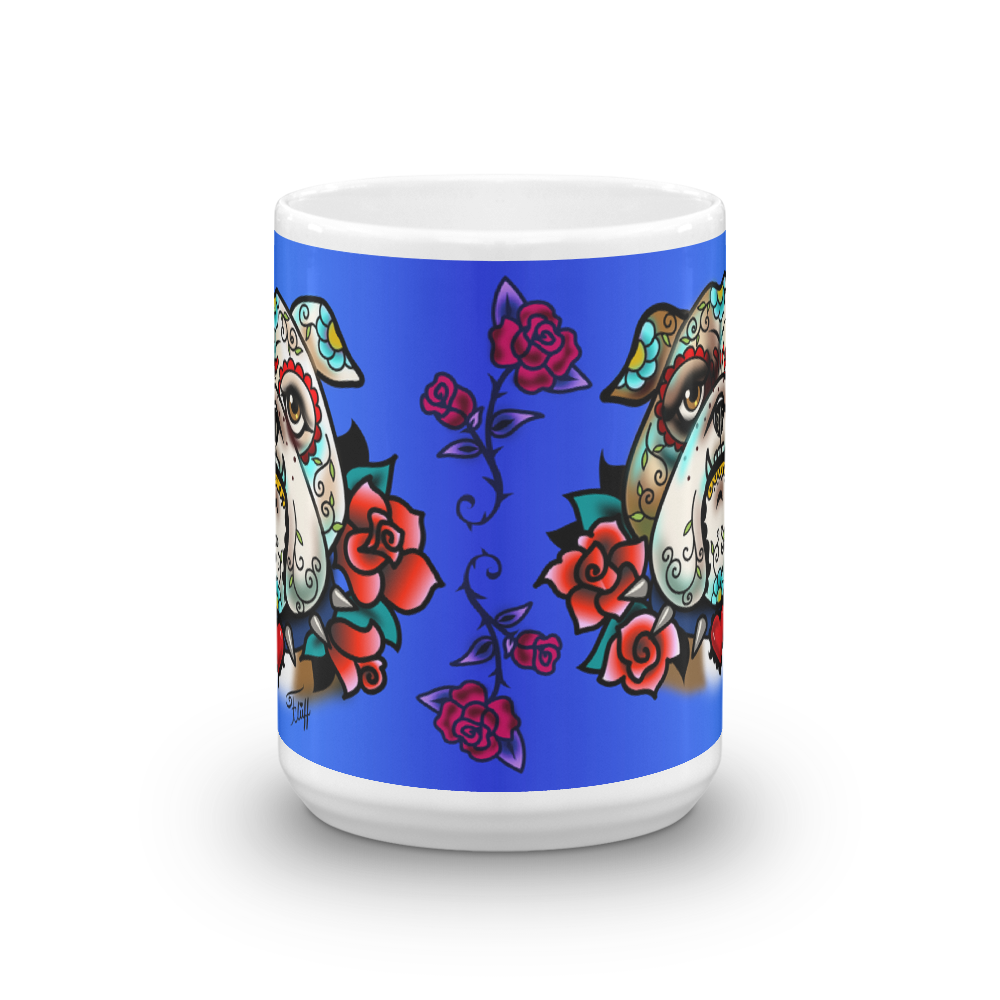 Sugar Skull Bulldog With Roses • Mug