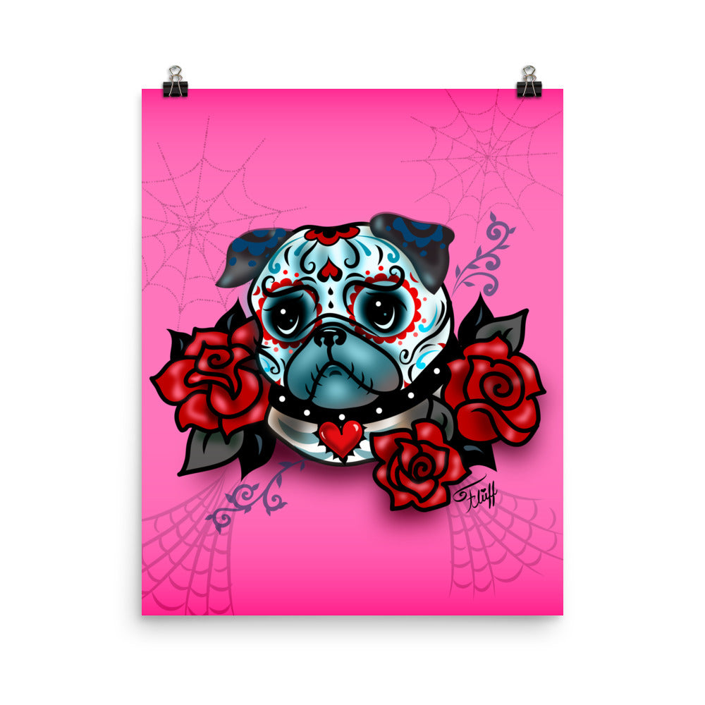 Sugar Skull Pug With Roses on Hot Pink • Art Print
