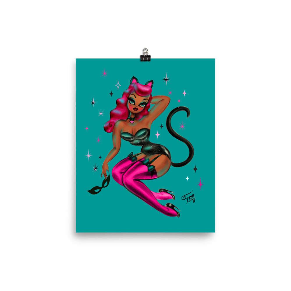 Kitten Pinup with Pink Hair • Art Print