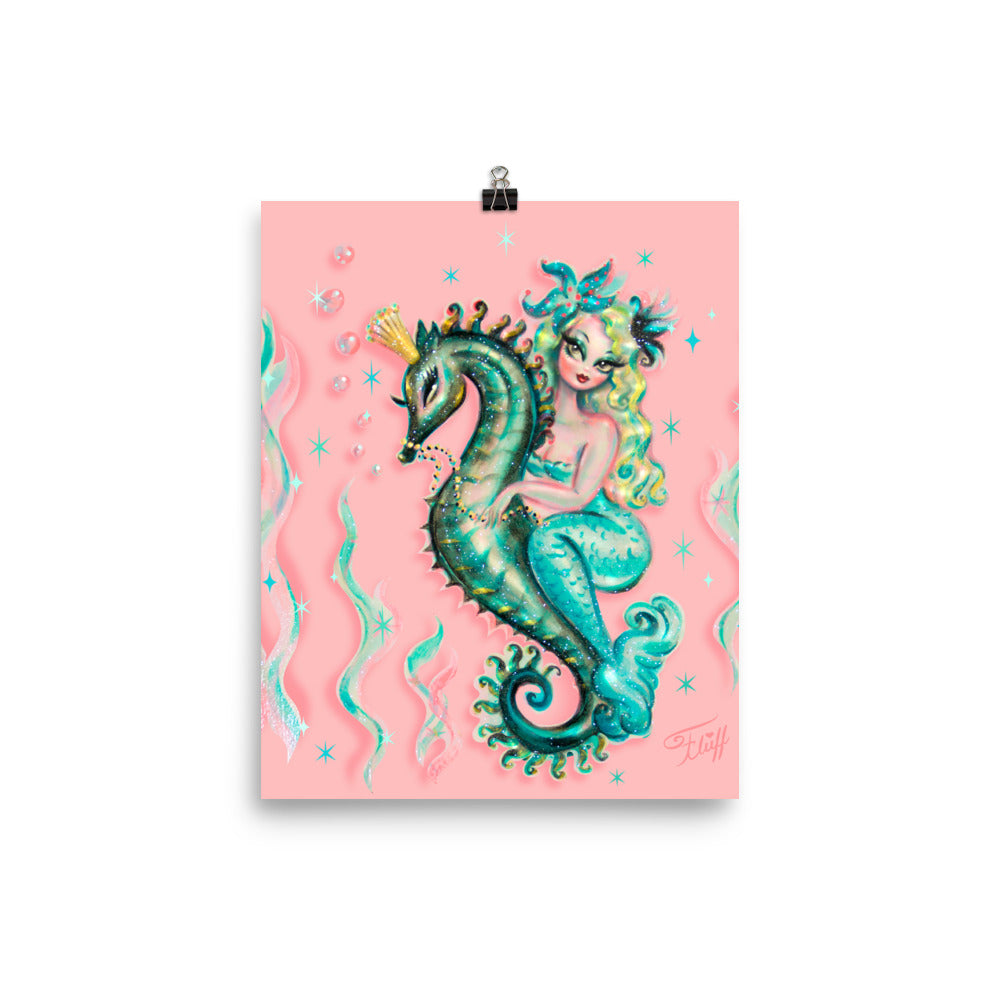 Blue Mermaid Riding a Seahorse Prince • Art Print