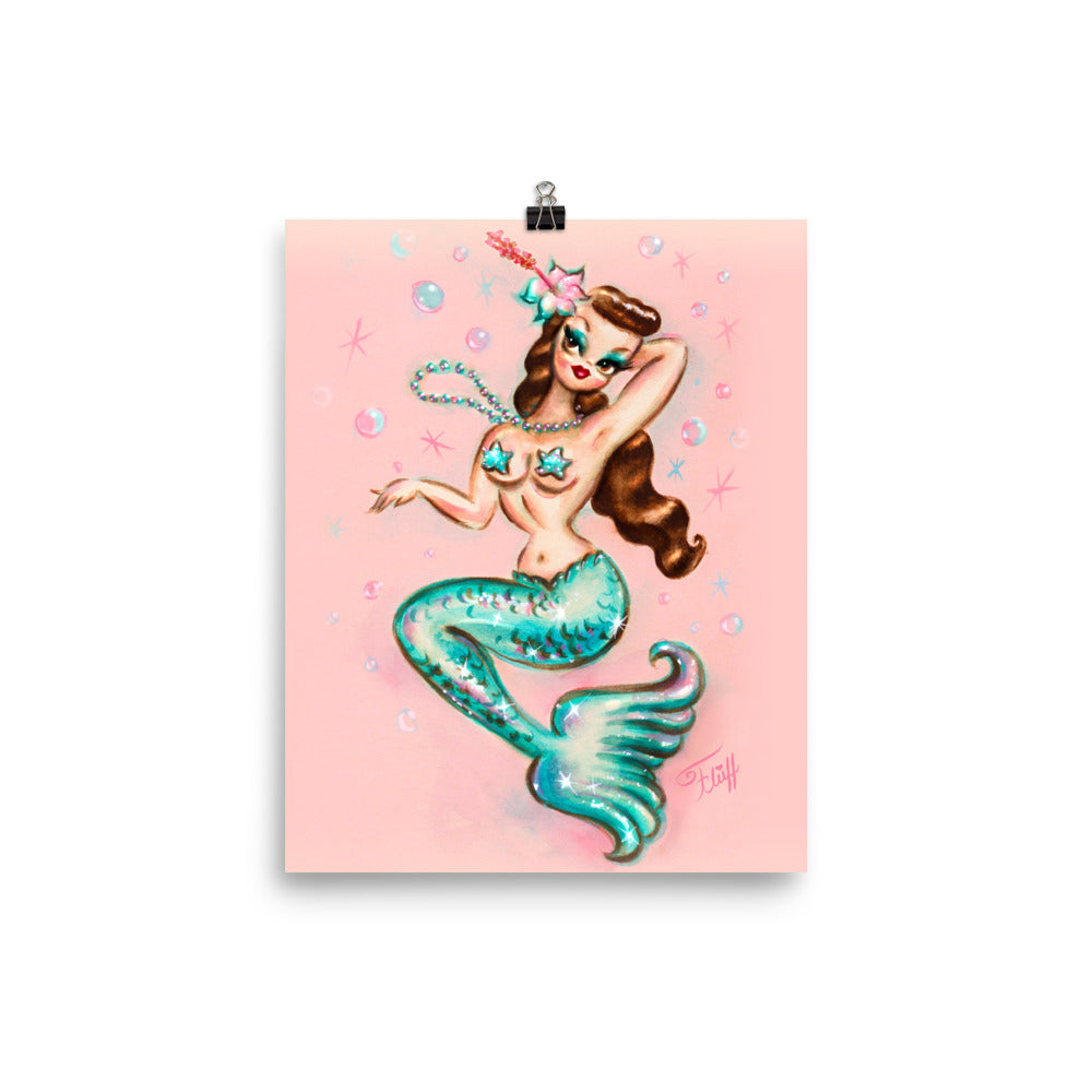 Brunette Mermaid with Pearls • Art Print