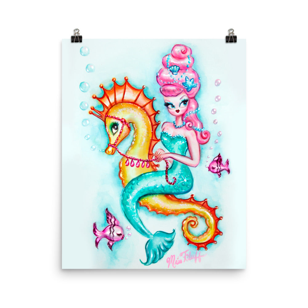 Pink Bouffant Mermaid Riding a Seahorse • Art Print