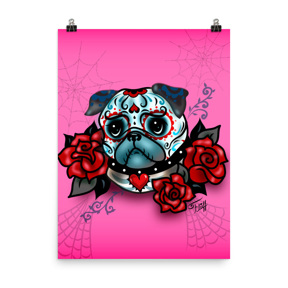 Sugar Skull Pug With Roses on Hot Pink • Art Print