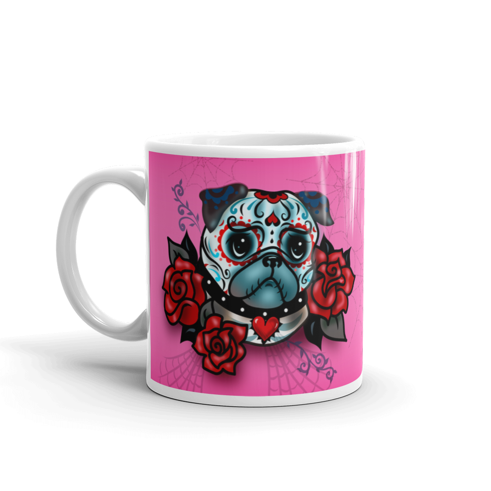 Sugar Skull Pug With Roses on Hot Pink • Mug