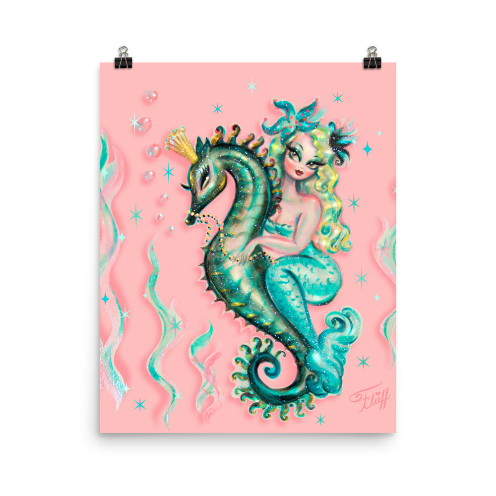 Blue Mermaid Riding a Seahorse Prince • Art Print