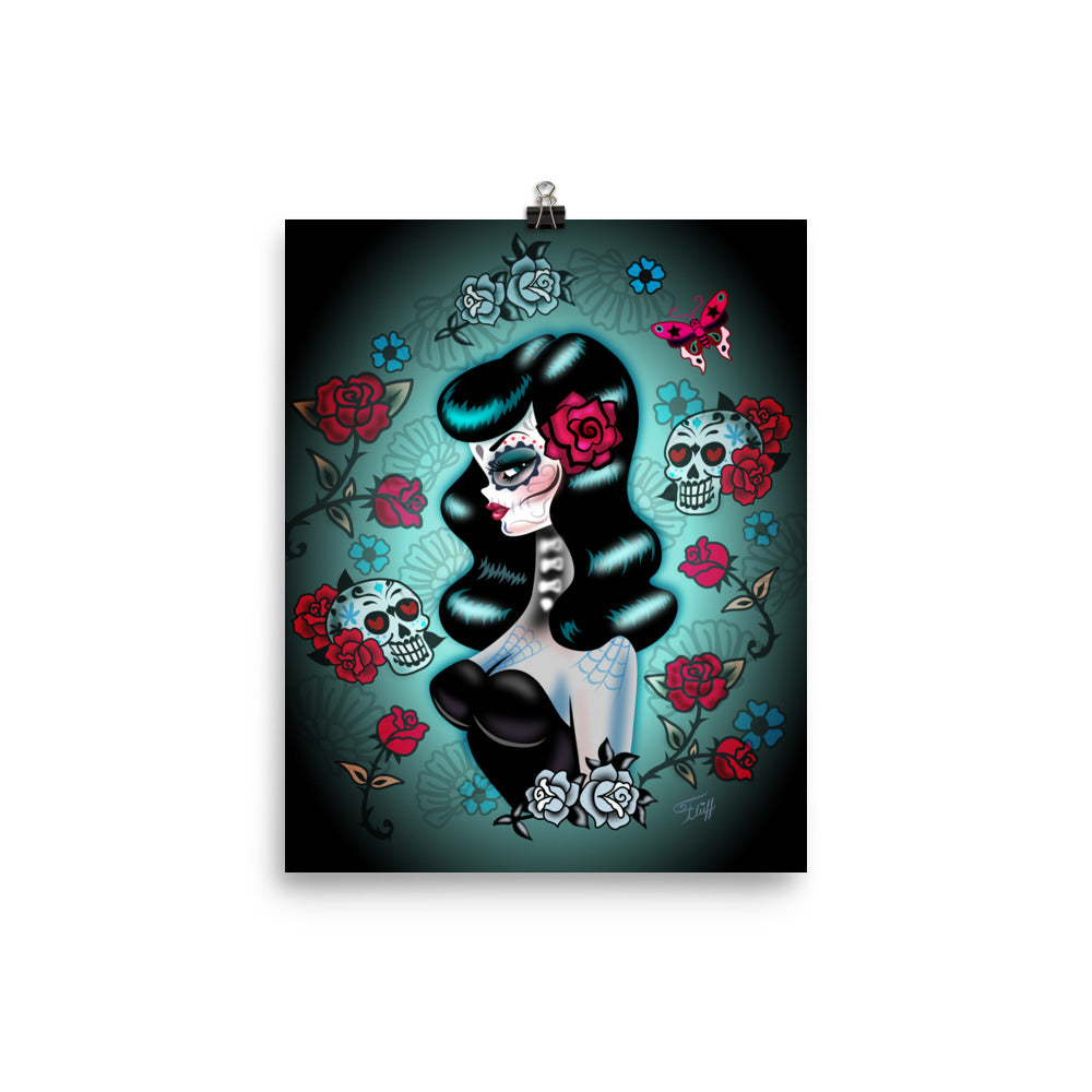 Raven Haired Day of the Dead Sugar Skull Pinup • Art Print