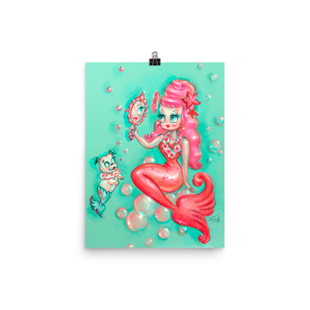 Coral Babydoll Mermaid with Mirror • Art Print