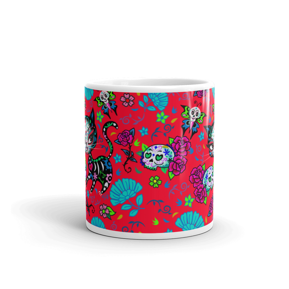 Sugar Skull Kitty on Red • Mug